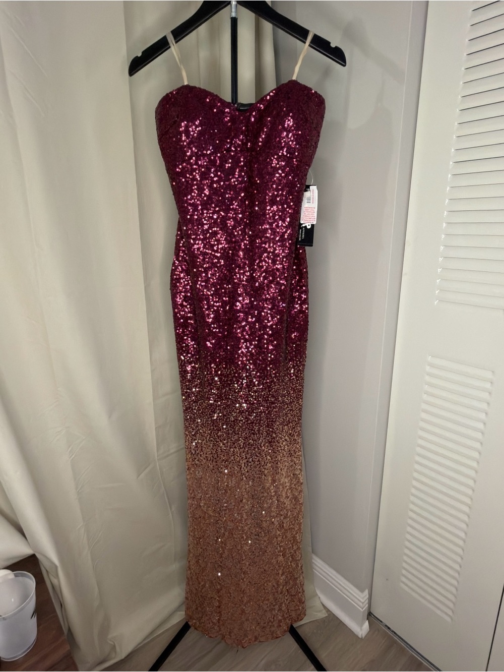 Jump Strapless Sequin Ombre Gown in Wine and Gold